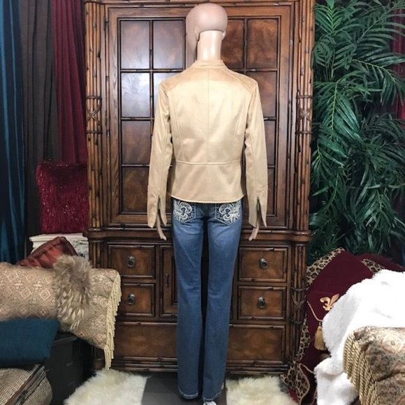 Curations Honey Beige Faux Suede Studded Zip Sleeve Jacket - Picture 7 of 16